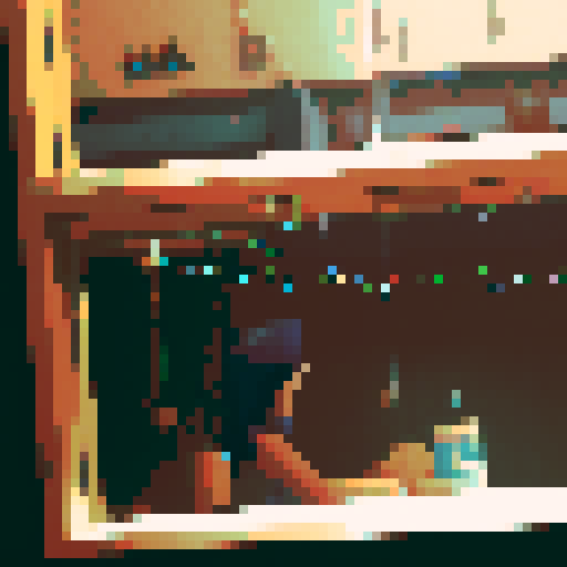 boy with long hair, hat on, unbothered, mirror reflecting party behind him, pixel art, bottle next to him, many people behind him, alone