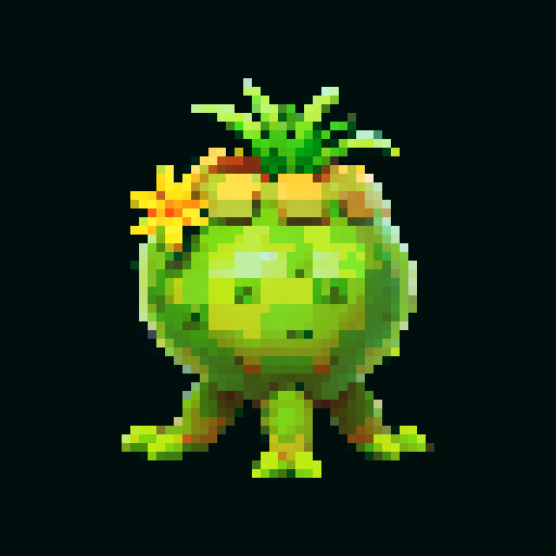 A slightly larger plant-like creature with more defined features, bark-like skin, and budding flowers. It has a friendly expression and a sturdy build. No background.