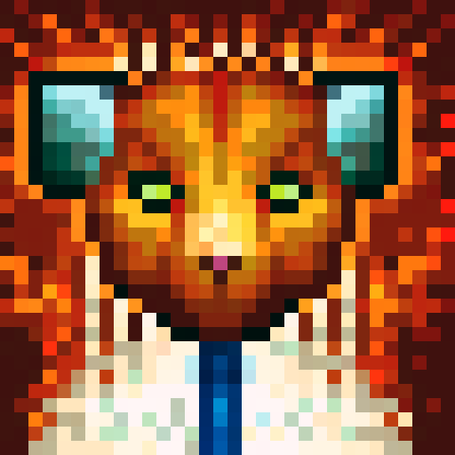 Close-up of a mischievous, orange tabby cat with lighter orange stripes, rendered in skillful pixel art with a game icon style