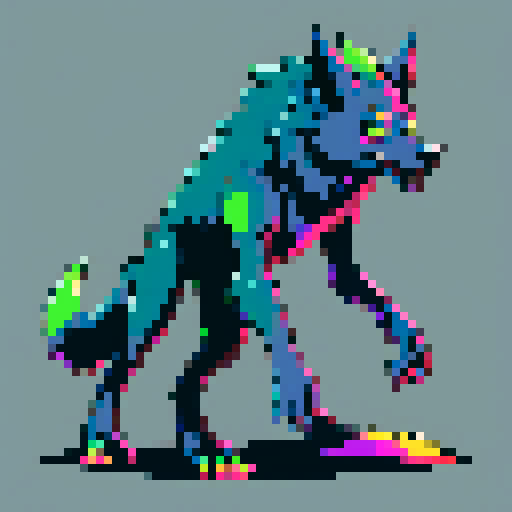 Corrupted plastic waste wolf, rabid, aggressive, jagged synthetic textures, warped plastic patches, exaggerated cartoon proportions, larger head, glowing toxic eyes, dripping green goo, colorful, cartoony, all four legs in motion, fantasy RPG, pixel art resolution, sRGB