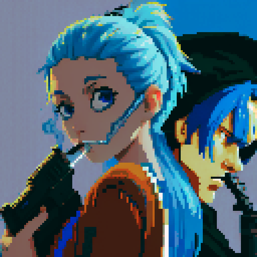 blue haired girl smoking cigarette, and man on the left holding gun