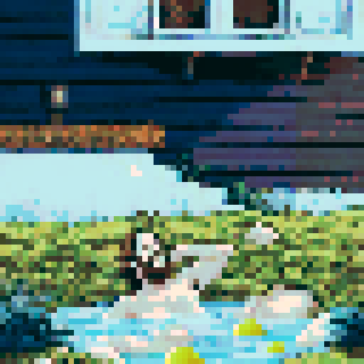 crazy cool guy with long brown hair sitting in a small pool, pixel art, sRGB, background, landscape