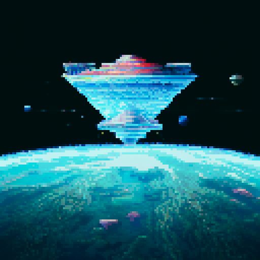 Space station floating amidst a tapestry of stars, glowing with vibrant colors, pixelated landscape stretching into the distance