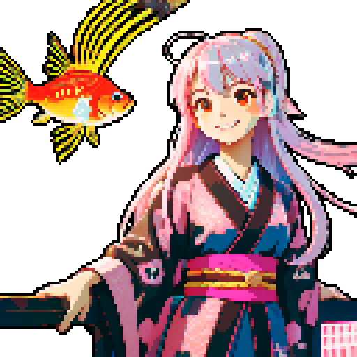 pixel art,high resolution,1girl,smiling,look at fish,long hair,pink silver hair,brown kimono,traditional clothes,cyberpunk,futuristic,neon lights,cityscape,night sky,2fish,goldfish,flying fish,glitter fish,smiling,looking at fish,