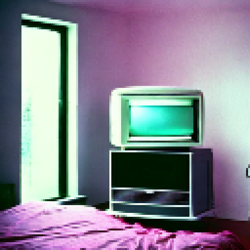 a 1980s style bedroom at night with moody pink hue lighting, with an old tv and old computer on
