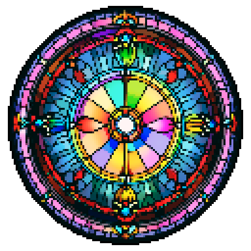 I want a beautiful circular stained glass window in all the colors of the rainbow. It should be simple, having no more than 10 glass segments total. I want this object usable an asset in a videogame, meaning only one object per image, outlined with a strong black stroke, on a solid-color background.