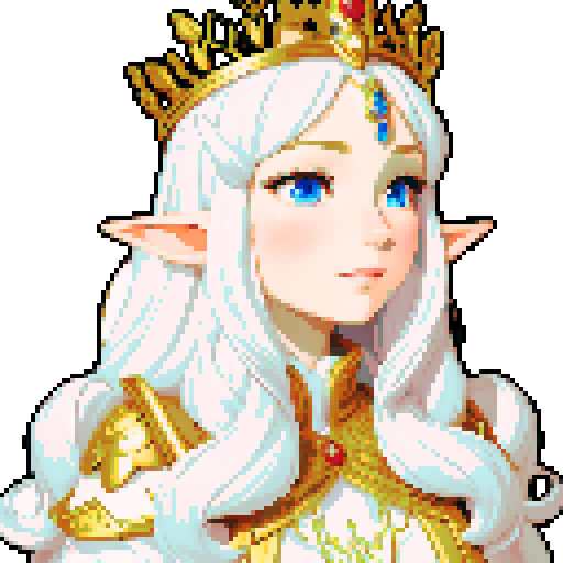beautiful illustrious Elf Queen, golden-sun hair with white, comforting, welcoming look, ceremonial regal clothes of the elven royalty, pixel art, sRGB