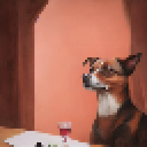 Eager, curious dog, staring intently at a red, diamond playing card on a rustic, wooden table in a watercolor style.