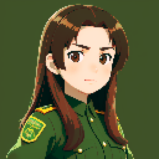 young girl, brown hair, brown eyes, wearing combat green army uniform, upper body close-up, transparent background, clean and detailed, game icon, centered composition, long flowing hair, detailed eyes, slim figure, soft smile