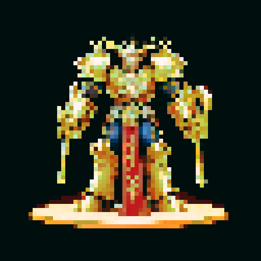 Warhammer 40,000 Emperor, towering, golden armor, regal pose, commanding presence, intricate details, glowing halo, pixel art, vibrant colors, dynamic composition, dramatic lighting, sRGB