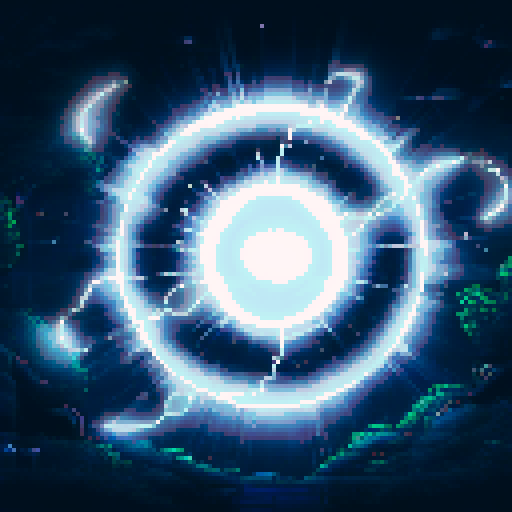 white, glowing, magical, electric orb, floating in space, wide image, sRGB, pixel art, background, landscape