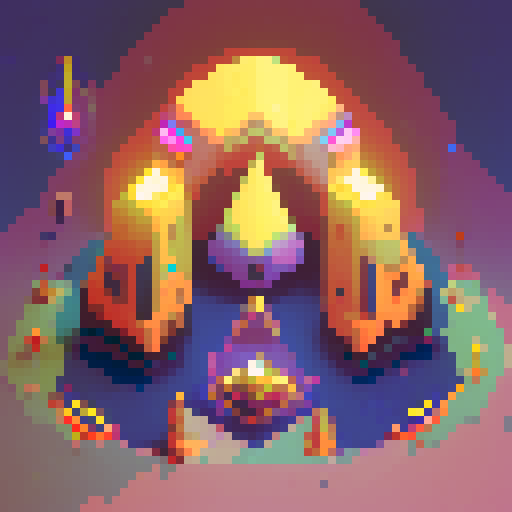 alien spaceship, triangular shape, top down view, vibrant colors, pixel art, glowing lights, metallic exterior, sleek design, futuristic aesthetic, retro-inspired, intricate details, geometric patterns, celestial background, otherworldly presence, sci-fi atmosphere