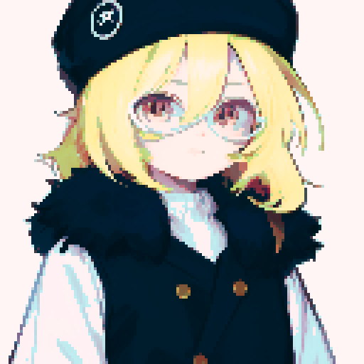 Solo male with perfect anatomy, straight-on, inframe, facing viewer, with round pupils, light blonde hair between eyes, wearing an ushanka hat with a black fur collar, a black vest, puffy sleeves, and black elbow gloves, his round eyes and pink eyes looking at the viewer, smile, in a pixel art style with sRGB colors, half closed eyes, best quality 