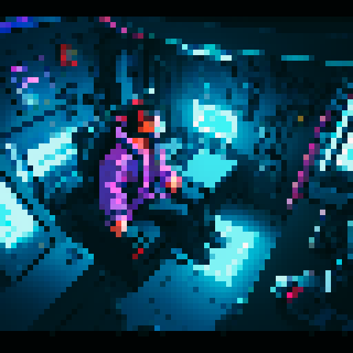 sci fi room where 25 years old guy laying down in the chamber to enter in the virtual world. This guy has headset on his head, no headphones, no vr glasses. Far view. 64 bit pixel art style