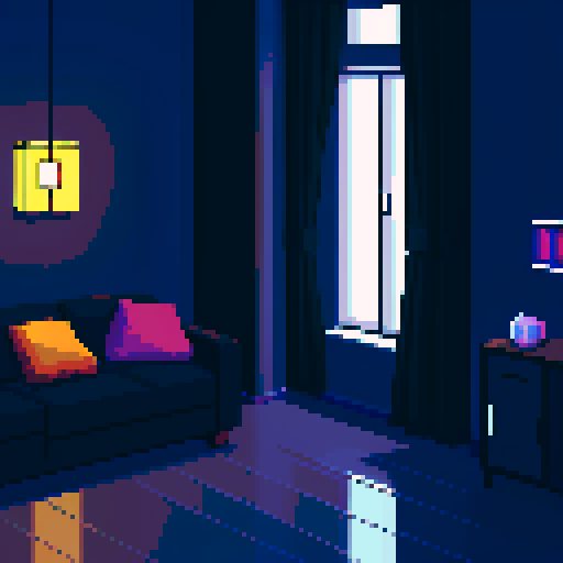 Dark, mysterious apartment interior with a sad cityscape in pixel art style, featuring dimly lit rooms