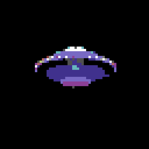 wide, silver flying saucer, with small yellow glowing lights, viewed from below at an angle