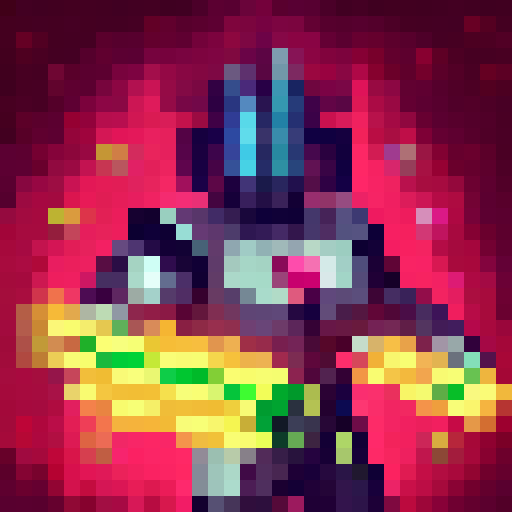 A neon-haired cyborg warrior wielding a laser katana battles a giant robotic spider in a futuristic, neon cityscape with towering skyscrapers and glowing holographic billboards, all rendered in a pixelated 32x32 skill art style.