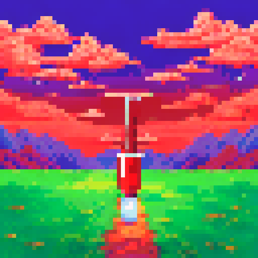 Ketchup gun shooting streams of vibrant red, against a summer picnic background with a panoramic landscape view in pixel art style