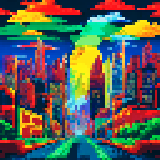 Metal shavings swirl in a rainbow of colors around a CNC machine, with a pixelated backdrop of a towering cityscape in the sRGB color space