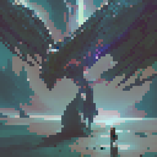 A majestic dragon soaring through a vibrant, neon-lit sky, casting a mystical glow on the medieval, cobblestone streets of a fantasy RPG town as enchanted creatures and characters in elaborate, shimmering armor go about their quests and adventures