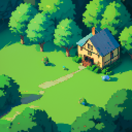 "Create an intricate pixel art map for a top-down 2D RPG, depicting the layout of Verdant Vale, the starting area of the game 'Chronicles of the Arcane Grid'. The map should feature a quaint fantasy village surrounded by lush green forests, with a clear, winding path leading through it. Include distinct areas such as a village square with market stalls, a mystic's cottage on the outskirts, and a central training ground. The map should show details like trees, houses, a fountain, and small fields