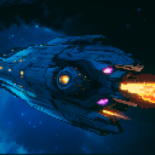 spaceship with sleek metallic exterior, glowing engine fires, starry backdrop, vibrant pixel art, sRGB colors
