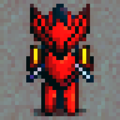 Red, fiery, horned devil with sharp fangs, adorned in shiny metal armor, wielding a wicked-looking trident, in 32x32 pixel art style
