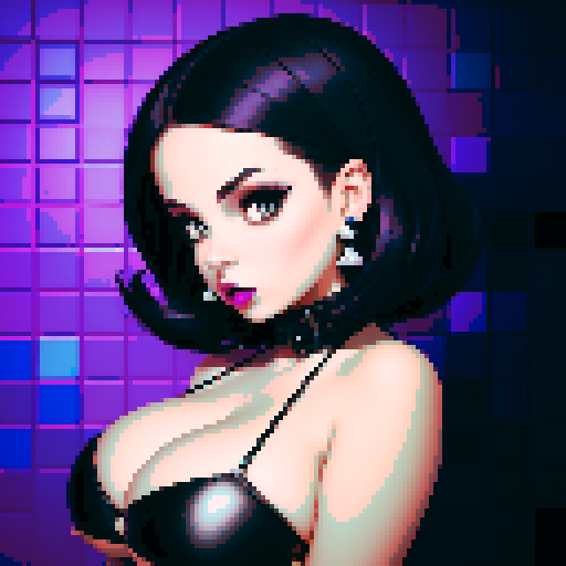 curvy, busty goth girl, whole head portrait, face portrait, close up, glamour shot, leather bikini, modern tile backsplash, vivid colors, pixel art, sRGB