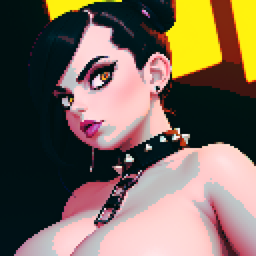 curvy, busty goth babe with studded collar. Hair in buns. 
 Nude big titty goth, in a close up nude glamour shot. Wearing Halter top. Neon lighting, modern tile backsplash.