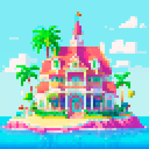 whimsical, colorful mansion, vibrant gardens, sparkling sea, towering palm trees, intricate details, playful dolphins, fantastical mermaids, pixelated art style, vivid colors, sRGB color space