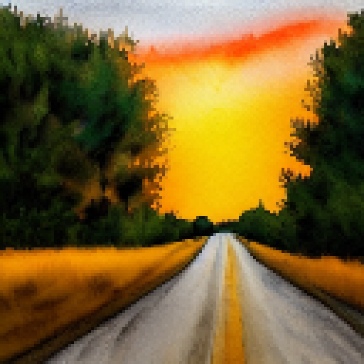 Dusty dirt road, cowboy hat, sunset backdrop, watercolor style.