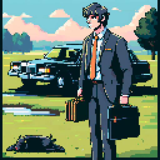 A tired-looking business man in a rumpled suit, carrying a worn briefcase and with cowlick hair, stands with slumped shoulders but a conviction on his face, smiling, in front of a black limousine with open doors, surrounded by a sunny yet rainy countryside meadow A cow grazes nearby as a water puddle forms on the ground, all depicted in vibrant 8-bit pixel art style