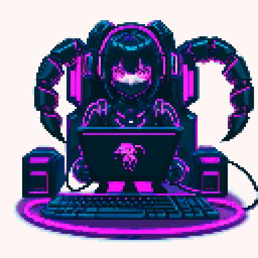 cute cyberpunk scorpion with human head, human head is anime inspired with vibrant hair, expressive eyes, and a playful smile, scorpion is playing computer games, tables with potato chips and coca cola, scorpion's tail should be fully in the picture