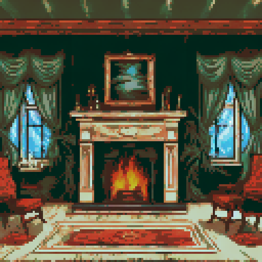 elegant chairs, table, empty fireplace, mounted deer head, haunted mansion interior, sRGB, pixel art, background 