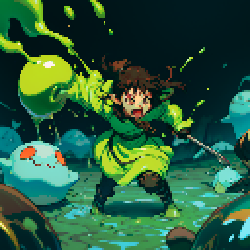 slime surging up around someone, slime engulfing a hero, slime consuming a hero, hero getting engulfed by slime, slime attack, dynamic, slime slamming into someone, impact, splashing slime, full-body image, full-body art, metal armor, brown hair