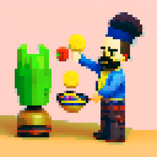 cooking chef with moustache, frying pan in hand, pixel art, vibrant sRGB colors
