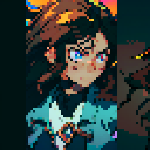 long brown haired man, disheveled appearance, wide-eyed, frenetic energy, dilated pupils, sleep-deprived, dark circles under eyes, animated expressions, exaggerated hand gestures, vibrant colors, jagged edges, pixelated representation, 8-bit aesthetic, retro-inspired, sRGB color palette