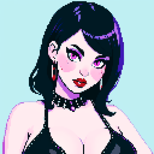 Cat girl, curvy, cute goth woman with black hair, purple eyeshadow, and red lipstick, wearing a bikini, studded collar, portrait, face avatar, in a glamour shot, sRGB color
