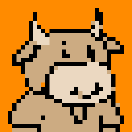 A pixel art portrait of a bull with a neutral expression, featuring a minimalist design with light skin tone, solid colors, Set against a solid orange background. The style is reminiscent of early video game characters, with a square aspect ratio.

