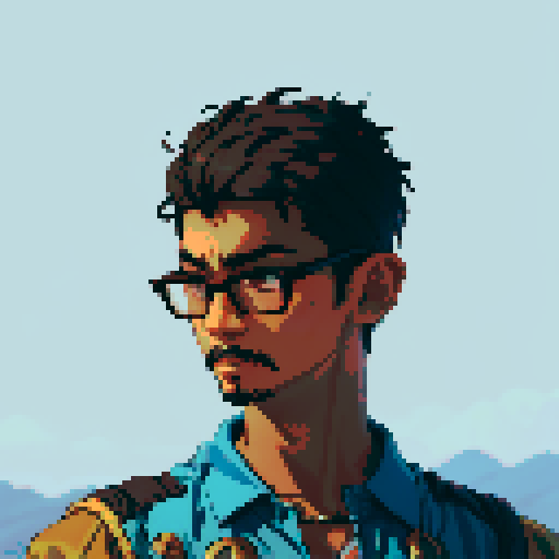 Southeast Asian man, short curly hair, round glasses, tanned, goatee