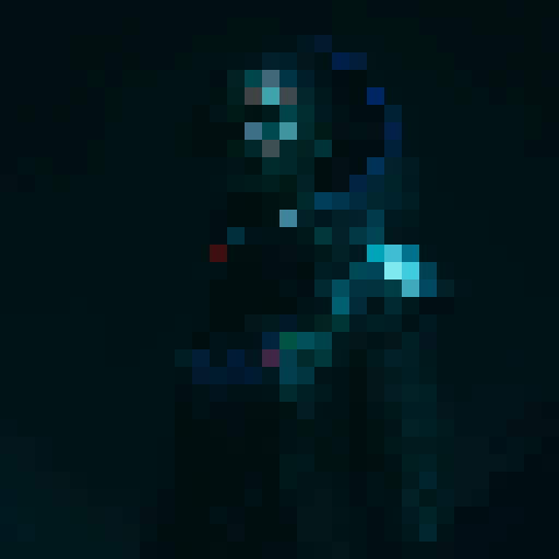 small, red-cloaked character with hidden face, intense red eyes, black outline, wielding a glowing sword, surrounded by swirling mist and mystical runes, fantasy RPG