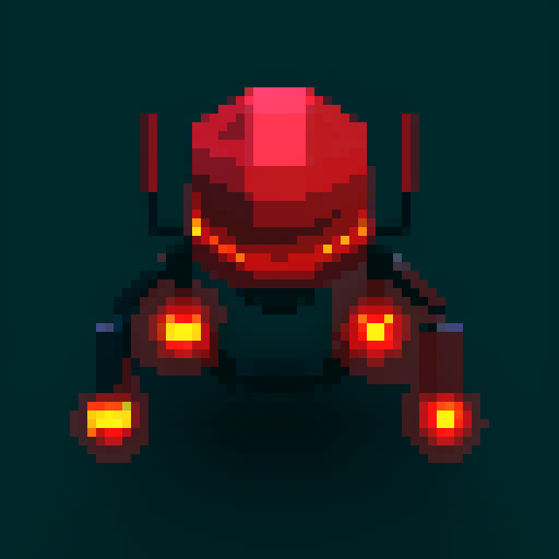 evil robotic drone, sharp metallic edges, glowing red eyes, hovering in mid-air, pixel art