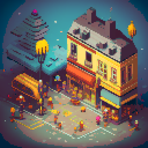 junky in street, vibrant happy people, colorful surroundings, pixel art