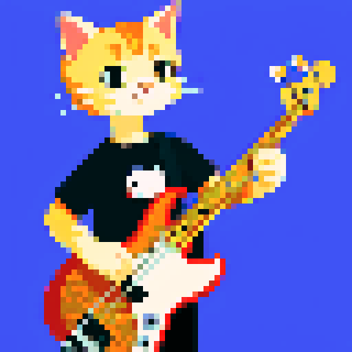 cat playing bass, meme style, pixel art, sRGB