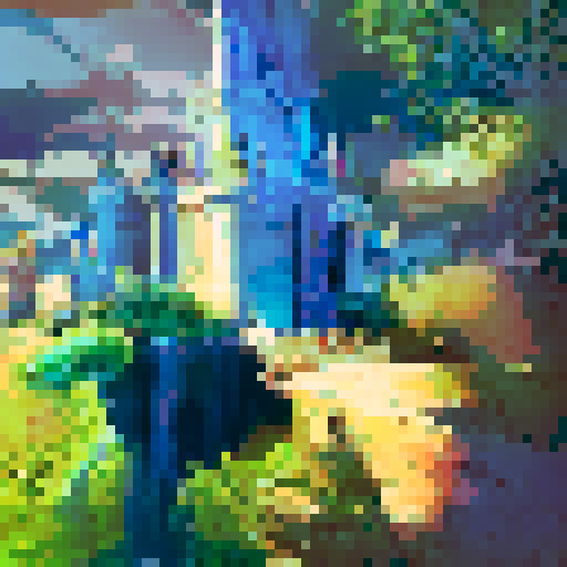 Majestic Disney castle nestled in lush greenery, framed by towering trees, with a shimmering moat and a bright blue sky in the background, rendered in a stunning landscape portrait style.