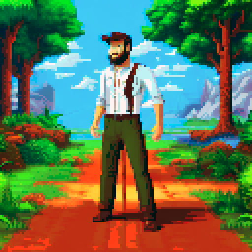 human in brown pants with belt, green shirt, non-realistic