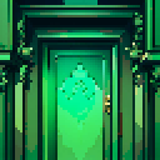 closeup of a pixelated, sRGB-style door, revealing an otherworldly environment with infinite identical doors hidden within