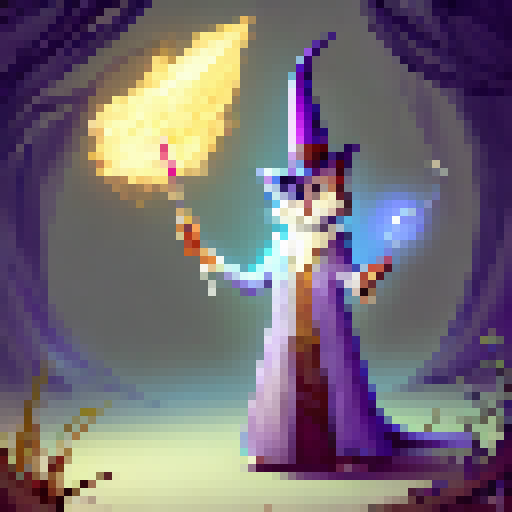 Magician cat with a sparkly magic wand and a magician hat, casting a spell in a fun and cartoony fantasy RPG style.