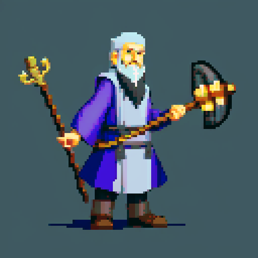 old raven-like druid with grey beard, with staff in hand