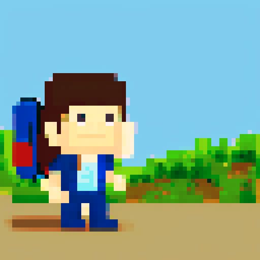 A single sprite of a young boy with a backpack on, pixel art, facing the camera, with a plain expression. His eyes are blue and his hair is brown. His backpack is red. He's wearing green hiking pants with brown shoes. He is standing in front of a plain white wall.